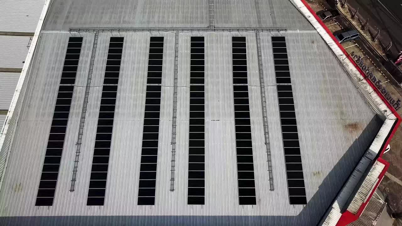 4k Aerial of Warehouse Solar Rooftop, Drone