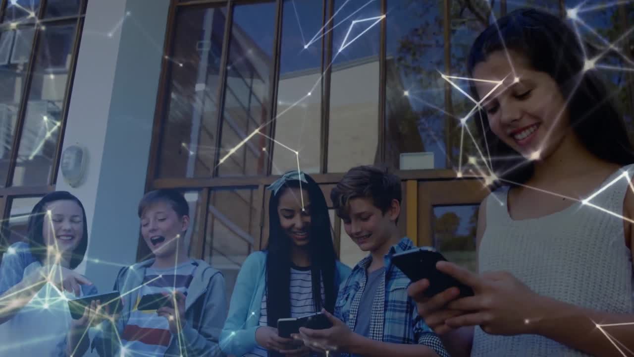 red de conexiones contra un niño que usa teléfonos inteligentes