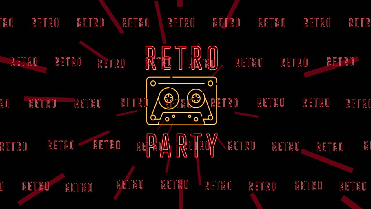 Animation of retro party neon text over black background
