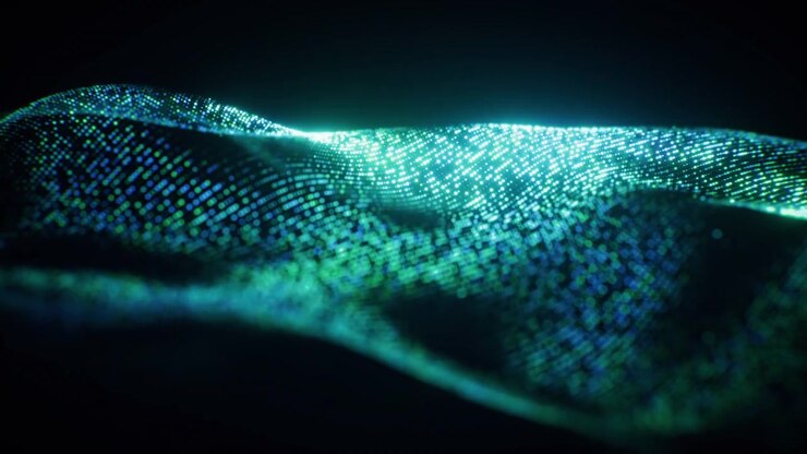 Sfondo di particelle a onda blu fluenti, rendering 3D