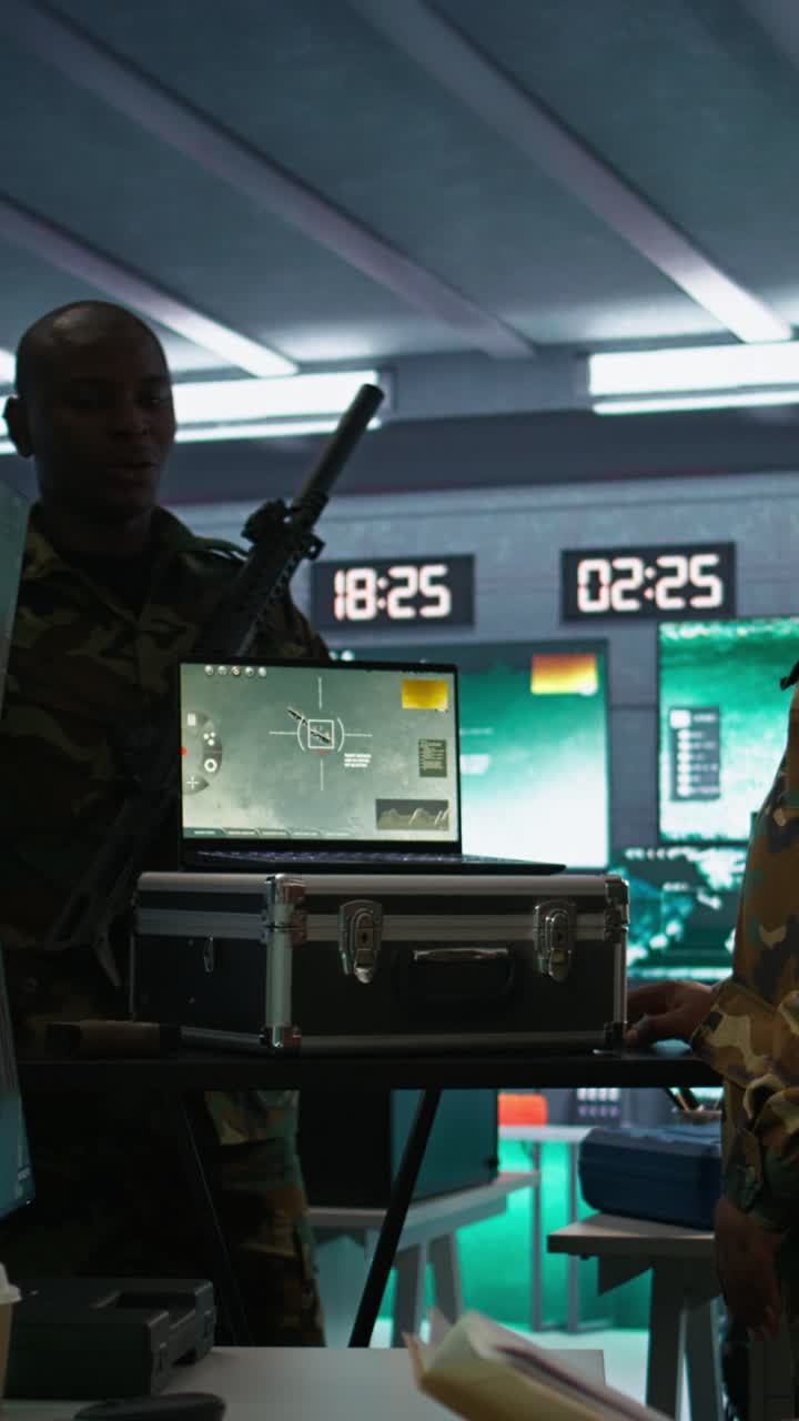 Vertical video Army professional using notebook to gain intel helping troops