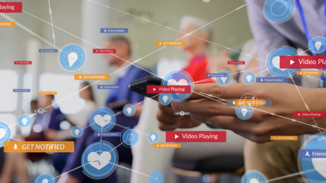 Animation of network of connections with icons over caucasian businesswoman using smartphone