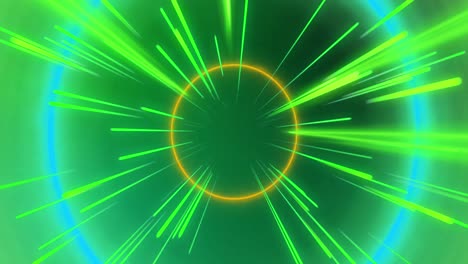 animación de senderos de luces de neón coloridas y círculos sobre fondo verde