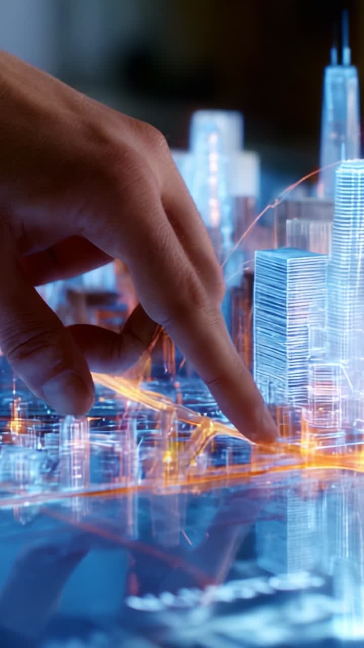 A close-up view of a hand interacting with a 3D city model, showcasing advanced technology and urban planning insights through dynamic visualizations