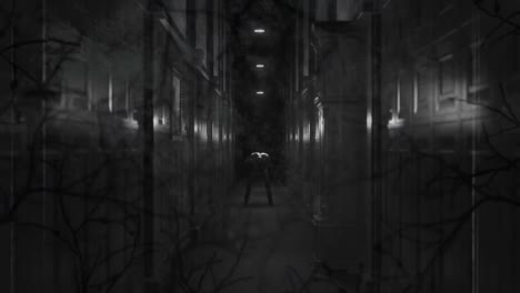 animation of damaged black and white film of trees over figure holding head in pain in dark corridor