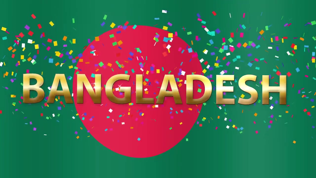Bandiera del Bangladesh animata e sventolante con testo 3D dorato e vivaci coriandoli che cadono per celebrazioni
