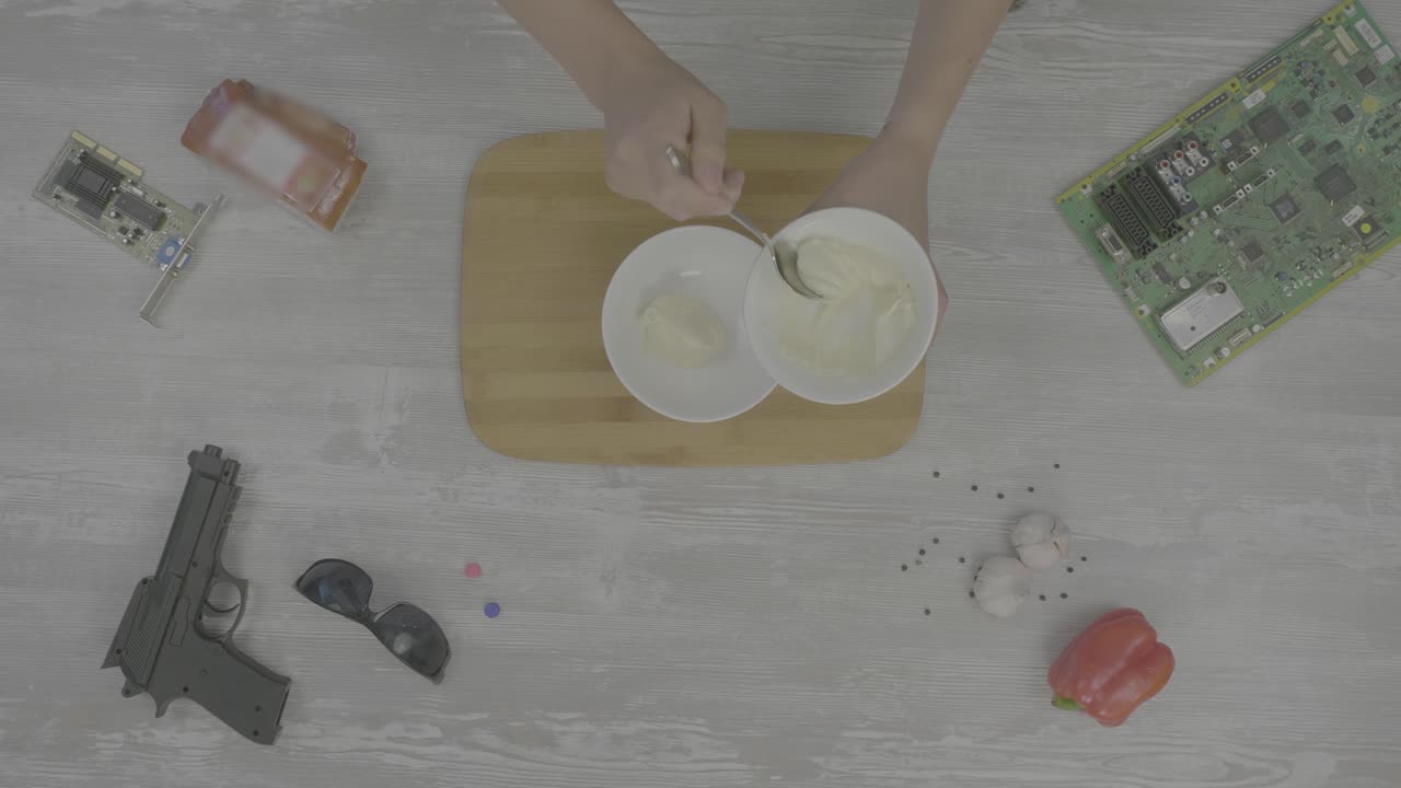 preparar comida mientras está rodeado de tecnología y artículos inusuales