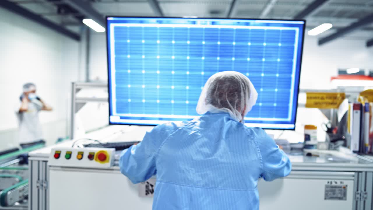 Technician in front of screen at a modern factory. Backside view of a worker in special uniform working with big monitor at industrial plant.
