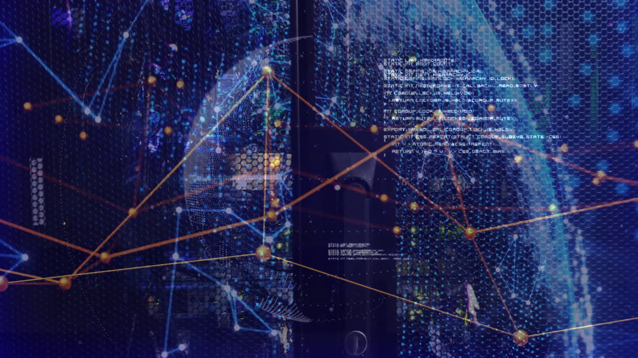 Futuristic data network streaming over dark server rack, featuring hex mesh globe and glowing nodes