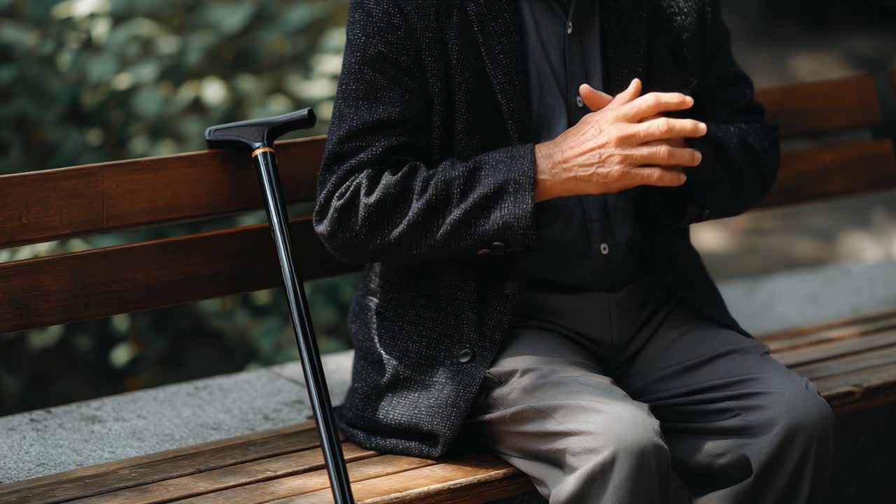 A Reflective Moment: An Elderly Man Seated on a Bench, Deep in Thought, With a Cane by His Side in a Peaceful Natural Setting