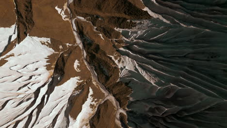 aerial view of a dramatic desert landscape with eroded mountains