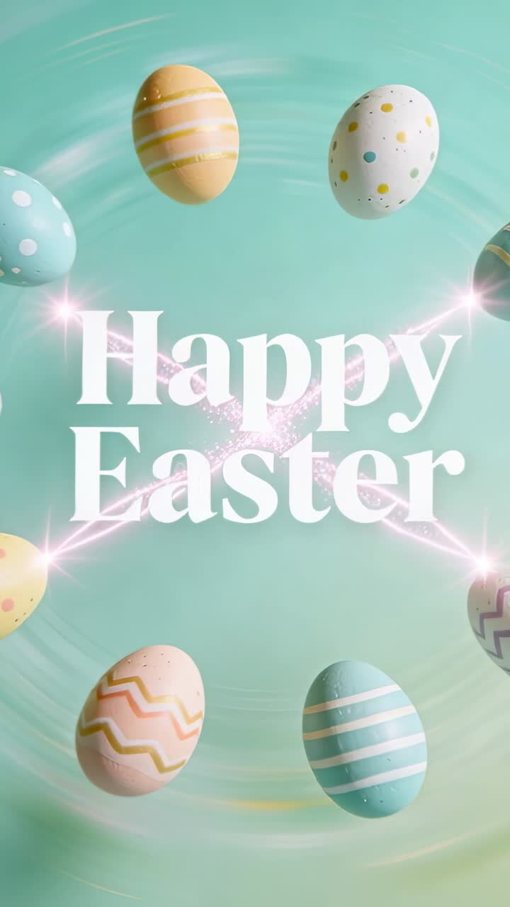 On play Happy Easter greeting staying centered while eggs orbiting inward beams sparking for card