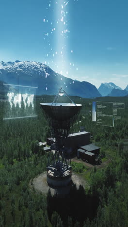 satellite dish absorbing signals, collecting data in middle of mountains - cgi render