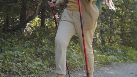 mujer caminando en el bosque con palos de senderismo