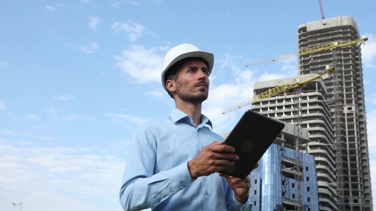 Ingeniero con sombrero usando una tablet en una obra de construcción
