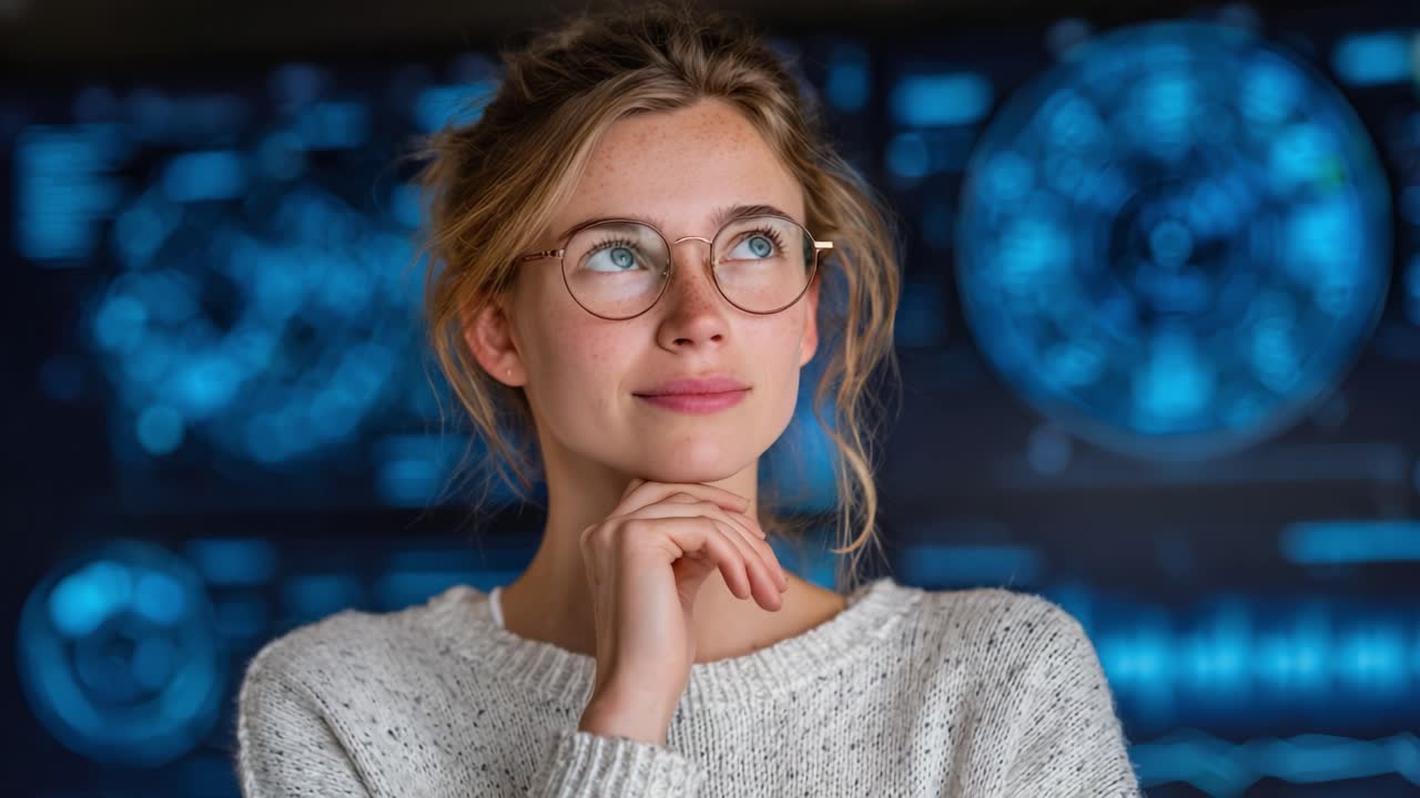 Contemplative Young Woman with Glasses, Deep in Thought Against a Digital Background Filled with Data Visualizations and Technology Graphics
