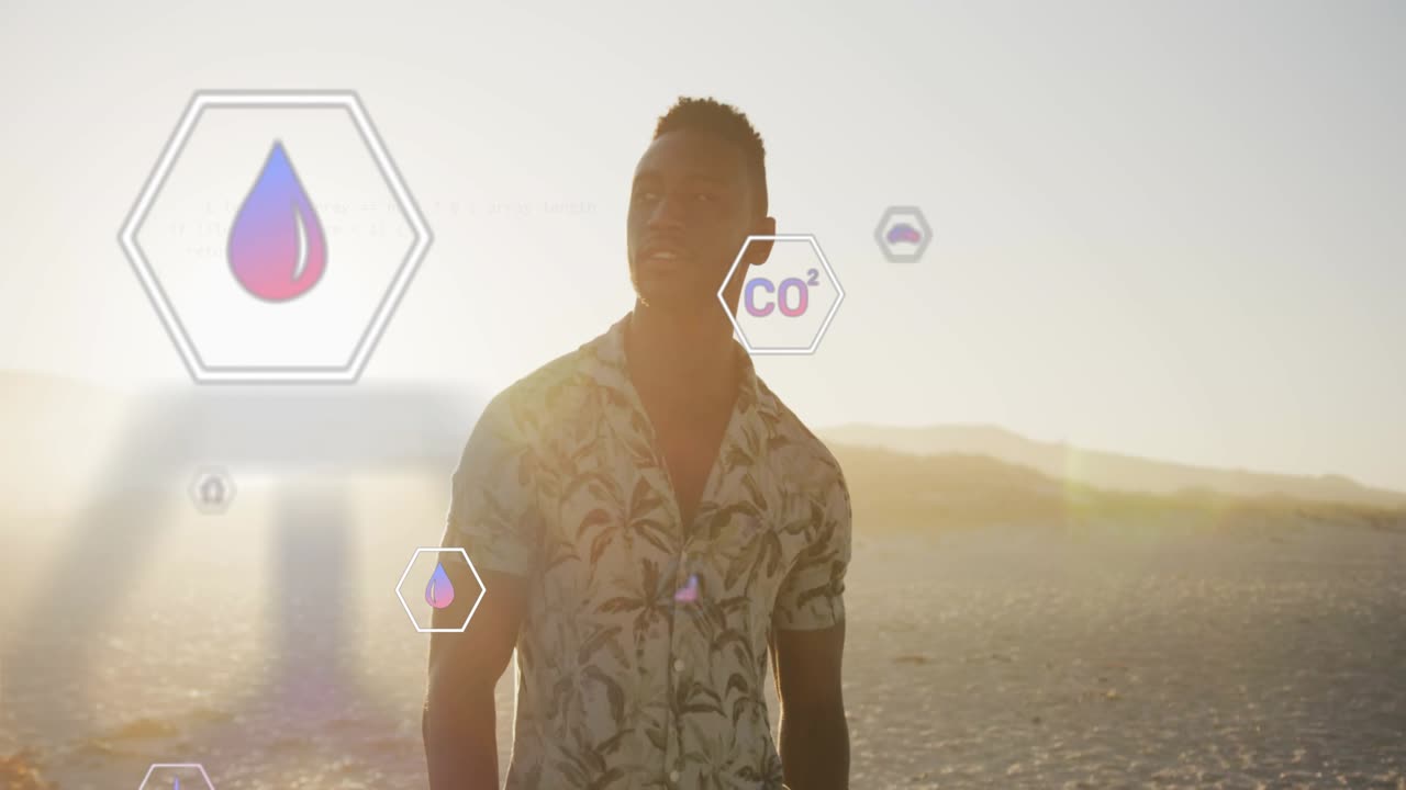 Sunset glow initiating hexagonal overlays on standing man, readings updating for climate-tracking