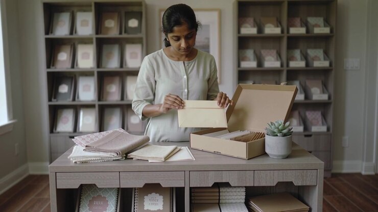 Lifting lid, woman in blouse pulling and inspecting notebooks from shipping box at counter packing
