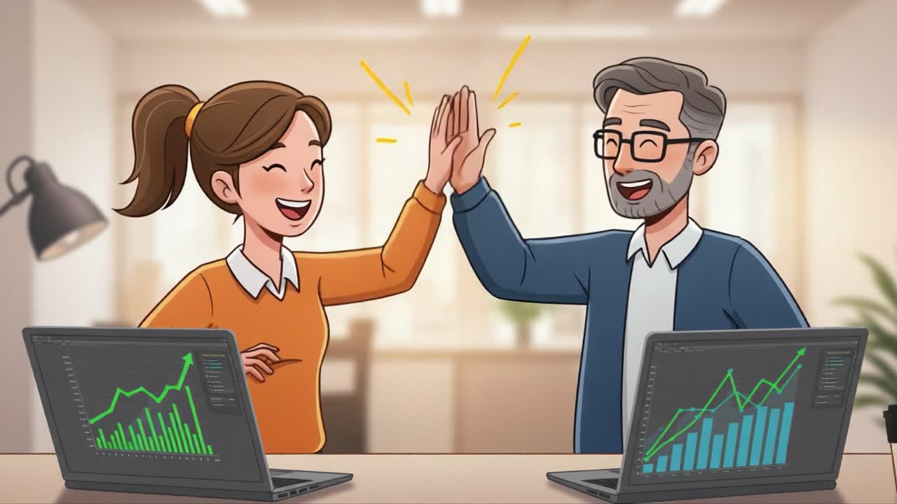 A joyful moment shared between colleagues as they celebrate success with high fives in a professional setting, surrounded by data charts displaying positive growth trends