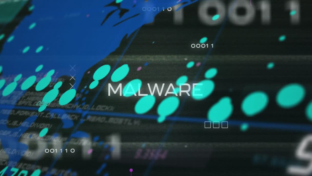 animación de texto de malware sobre gráficos, códigos binarios y mapa contra un fondo negro
