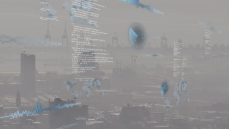 animación del procesamiento de datos financieros sobre el paisaje urbano