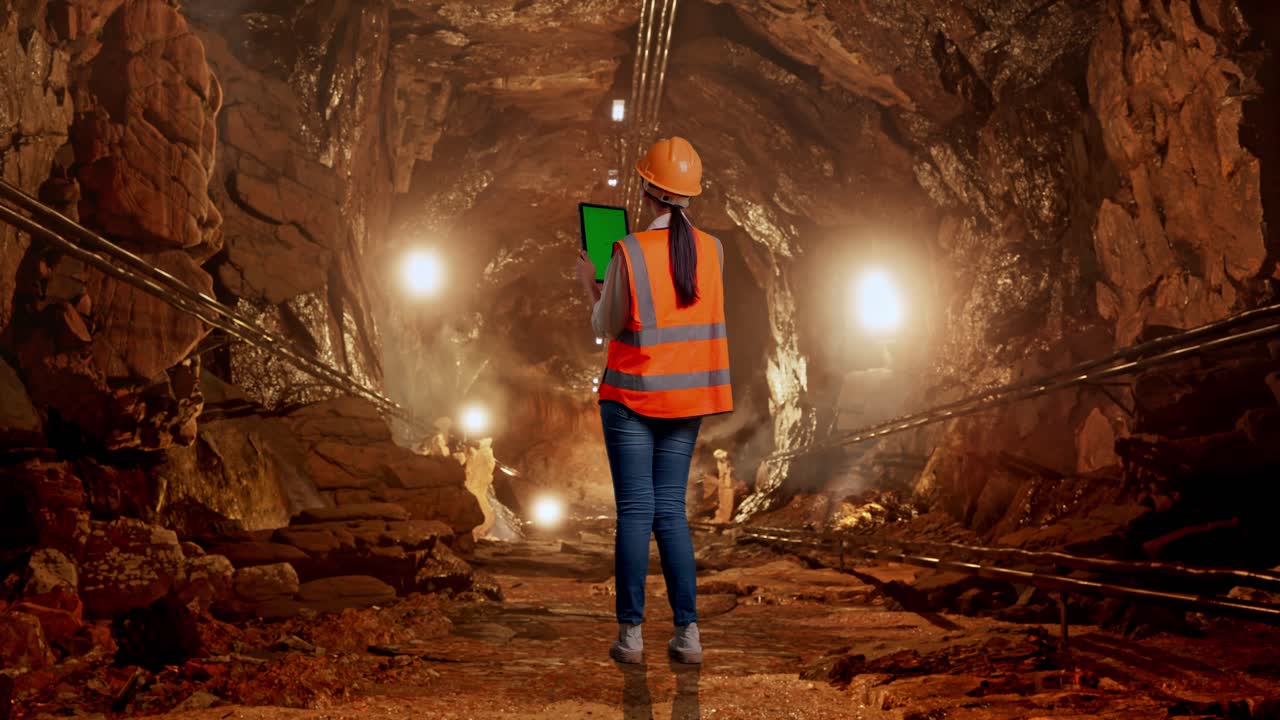 Full Body Back View Of Asian Female Engineer With Safety Helmet Working On A Green Screen Tablet And Looking Around In Underground Mine Tunnel