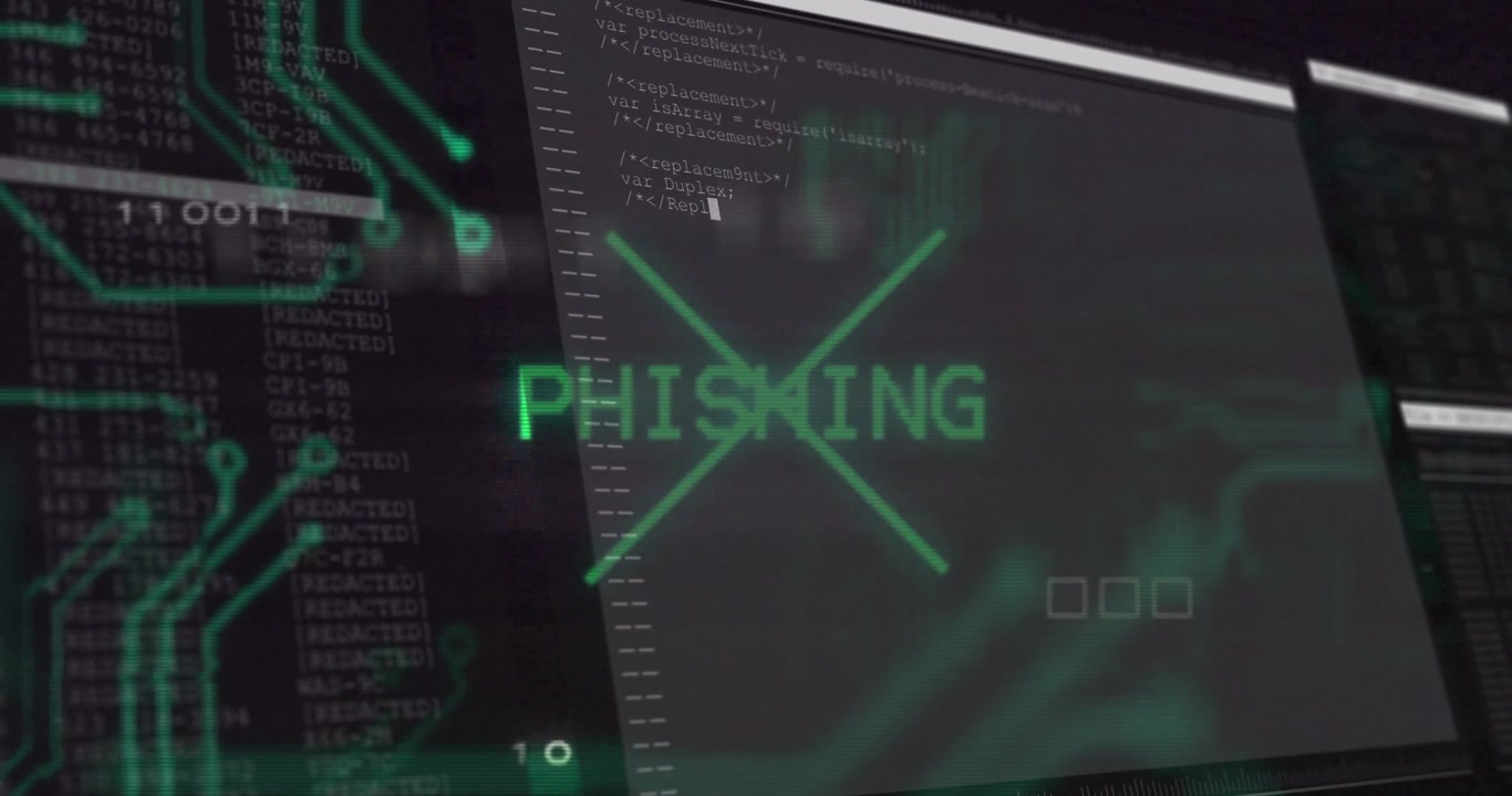 PHIE fragment appearing panels sliding code scrolling PHISHING title resolving warning breach