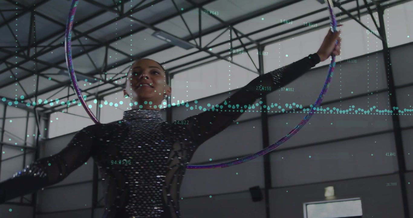 Female gymnast raising purple hoop spinning and guiding in sports routine, waveform tracking motion