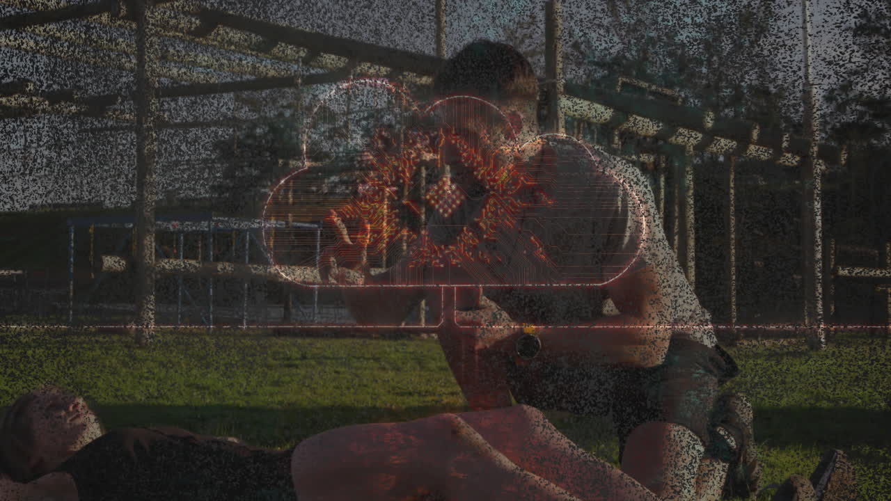 Exercising outdoors, people with digital data animation overlay, staying active