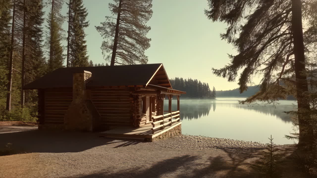 Rustic Log Cabin by a Misty Lake in a Pine Forest