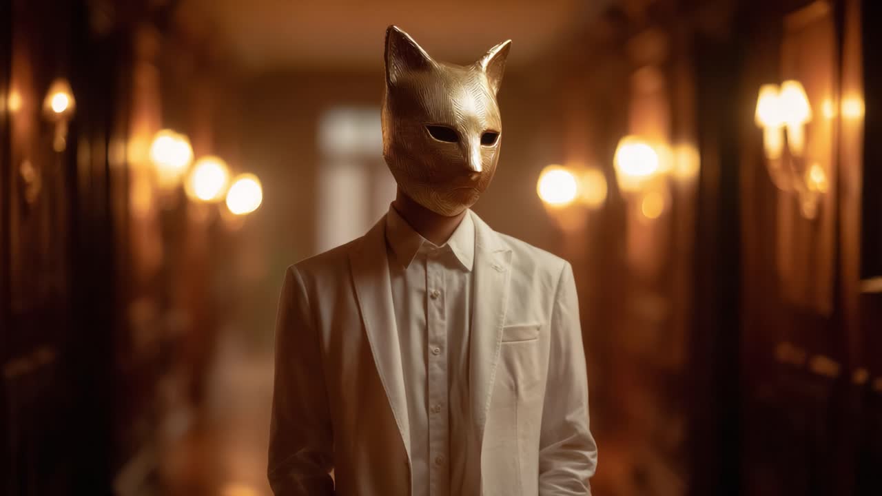 A Mysterious Figure in a Cat Mask Stands in a Dimly Lit Hallway, Capturing Attention with Their Elegance and Intrigue, Surrounded by an Ambience of Enigma and Class