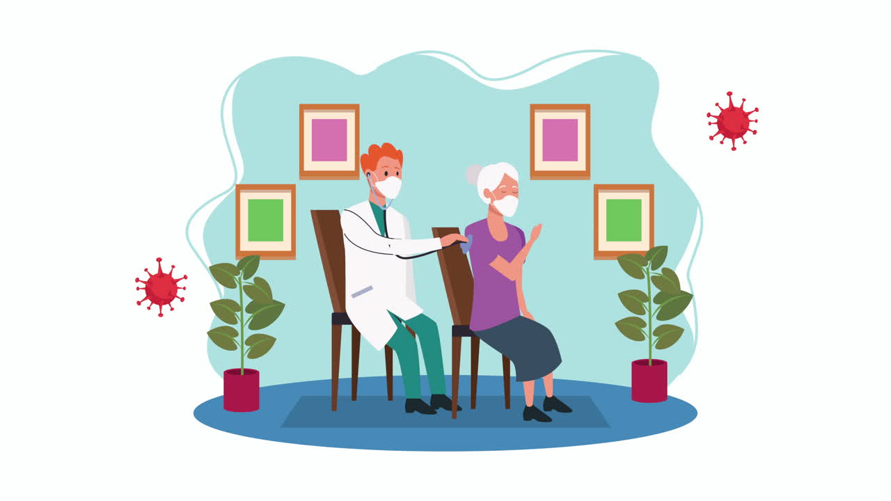 старуха в кресле с врачом остается дома для метода профилактики covid-19