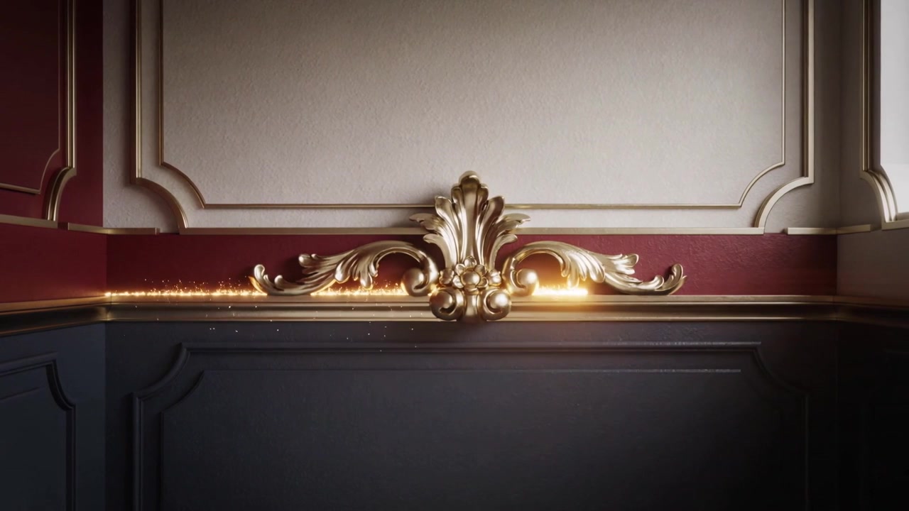 Particelle d'oro che scorrono da una sporgenza sinistra all'angolo, sfiorando una modanatura dorata, illuminando un'applique ornata.