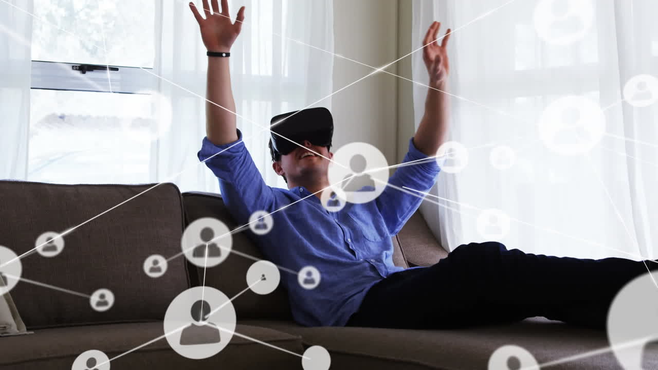 animación de la red de conexiones con personas iconos sobre hombre de negocios con auriculares vr