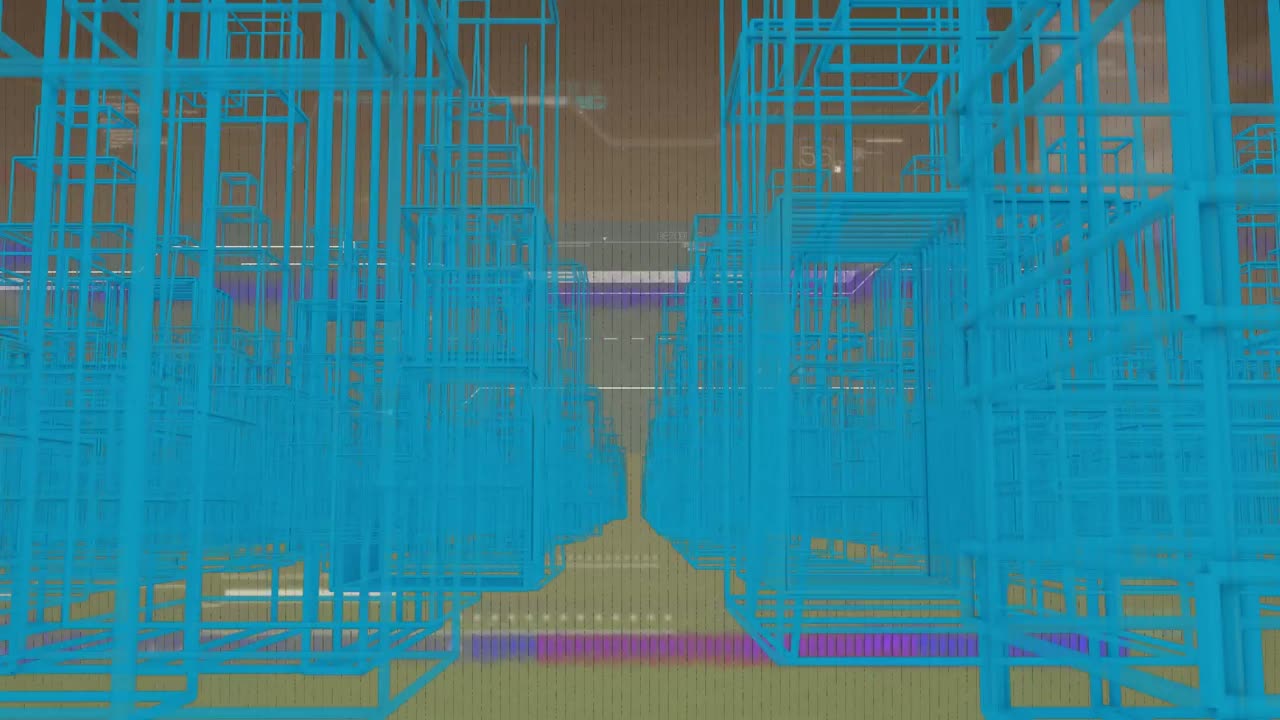 Animation of metaverse city moving fast over screen with glitch