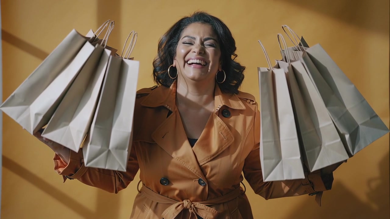 Ripresa che inizia con una donna in cappotto color cuoio che tiene sacchetti di carta marrone in studio, festeggiando gli acquisti
