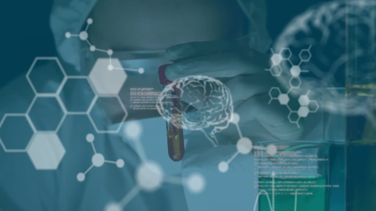 Animation of scientific data processing over caucasian male scientist in laboratory