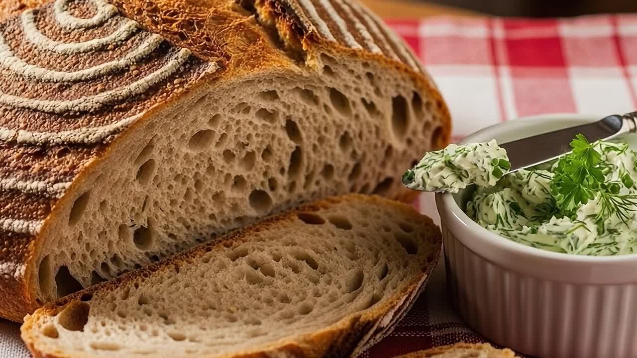 A Freshly Baked Artisan Bread Loaf Sliced and Served with Creamy Herb Butter on a Red Checkered Tablecloth, Capturing the Essence of Rustic Culinary Traditions