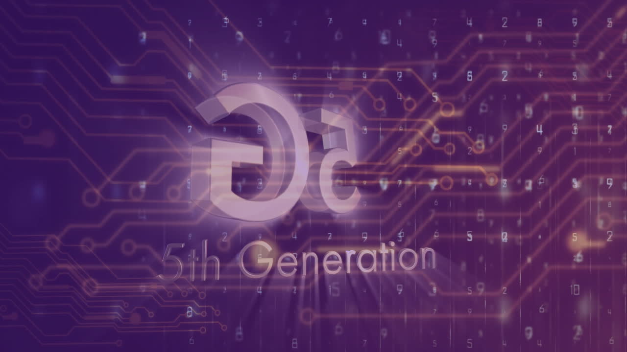 animación de texto de 5a generación sobre el fondo de una placa de circuitos digitales