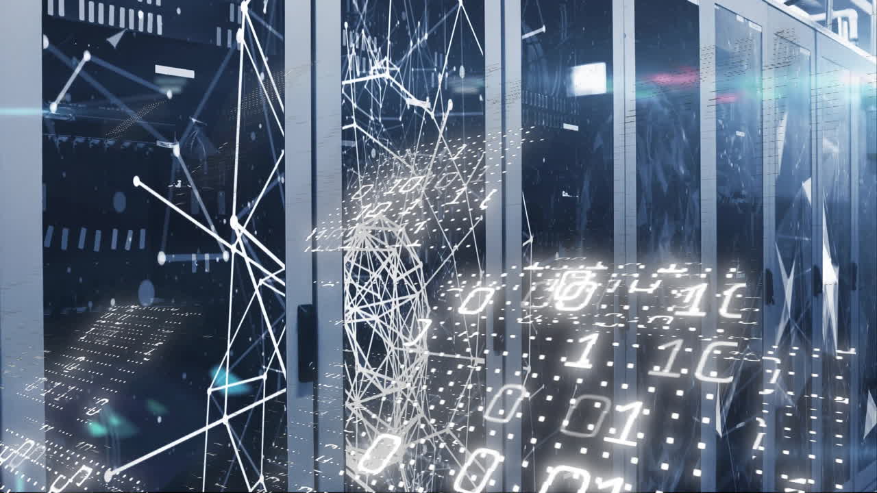 Animation of binary coding over shapes and server room