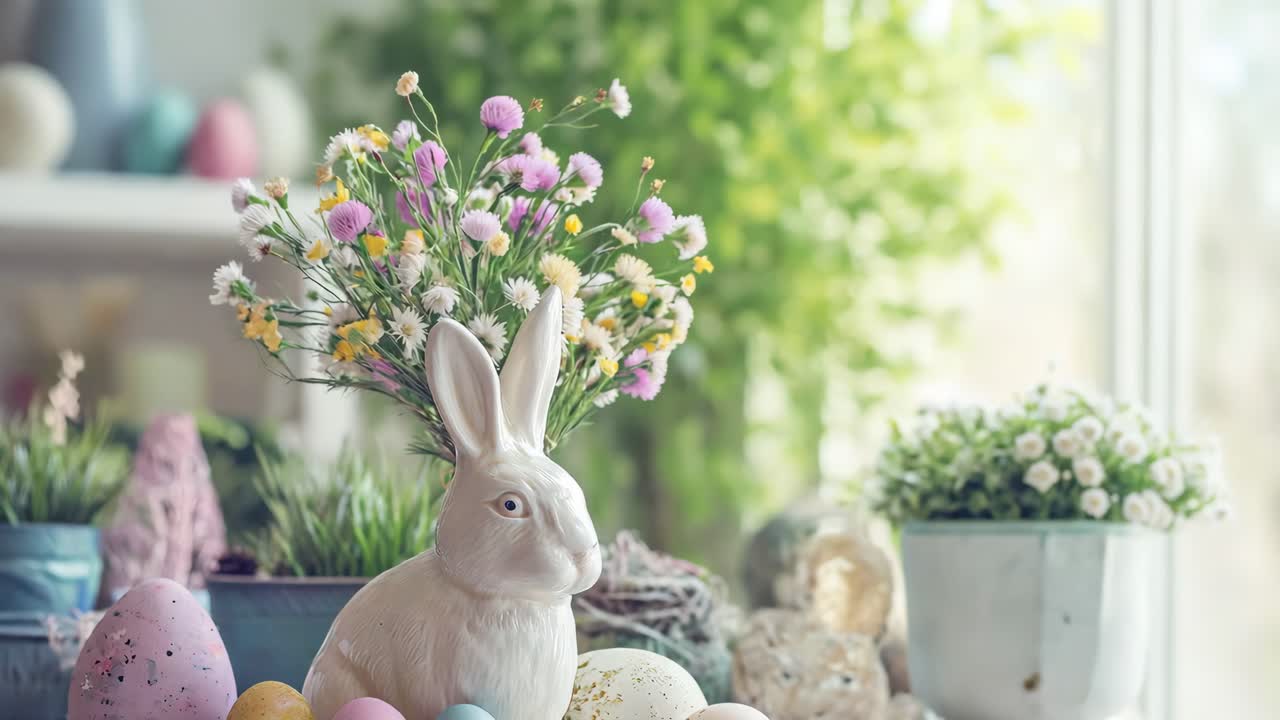 White easter bunny figurine with colorful flowers on its head, surrounded by colorful easter eggs and small plants, sits on a table in front of a window