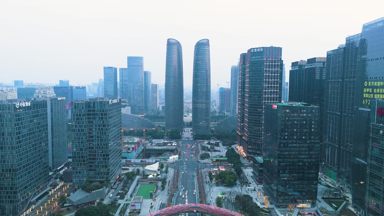 Aerial view of Chengdu’s Tiantou International Business Center, highlighting sleek skyscrapers and a bustling urban landscape. A showcase of modernity and economic progress in China.