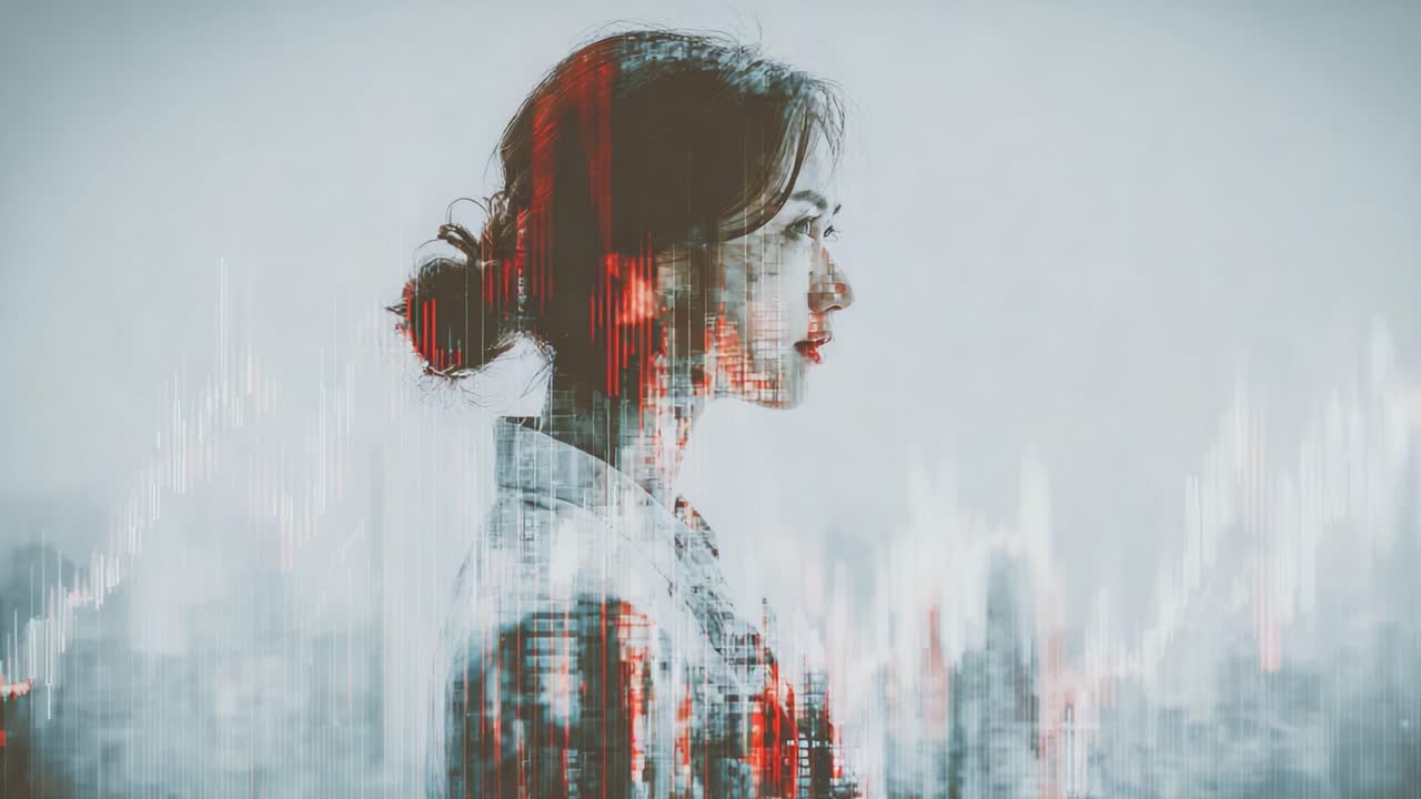 A Reflective Woman Overlaid with Abstract Financial Data Visualizations, Signifying Insights and Trends in a Modern World