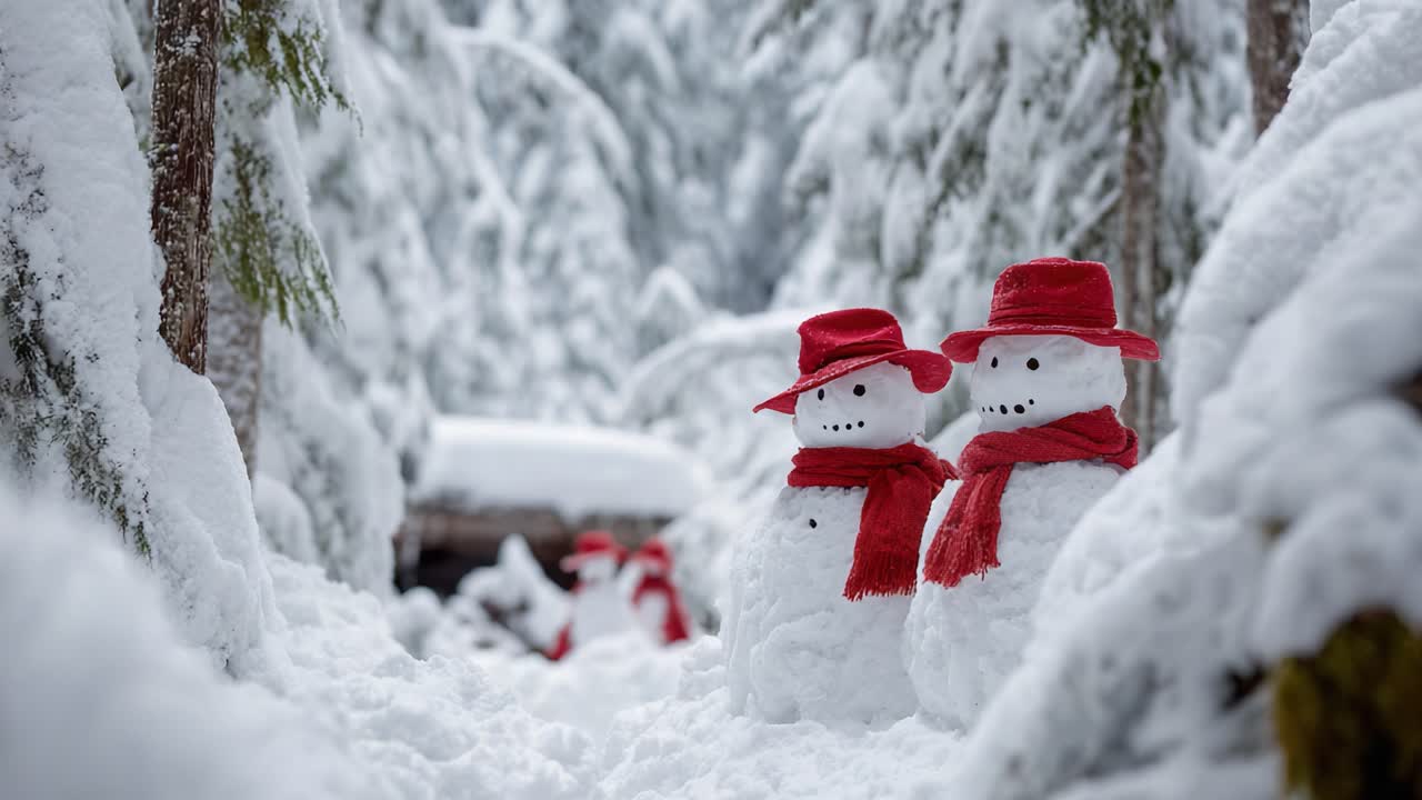 Charming Winter Wonderland Featuring Lovable Snowmen Decorated with Bright Red Hats and Scarves Nestled Among Snowy Fir Trees in a Magical Snowy Landscape