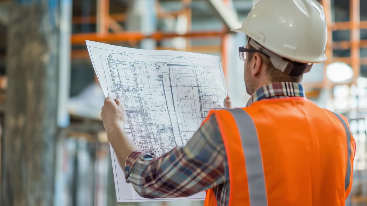 Professional construction worker wearing bright safety vest and white protective helmet carefully reviewing architectural blueprints near building framework during daytime project development