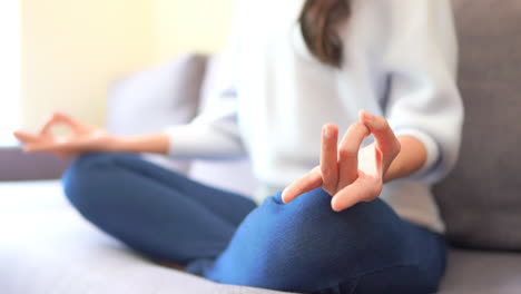 depth of field close-up of a woman's body and hands while sitting in the lotus position