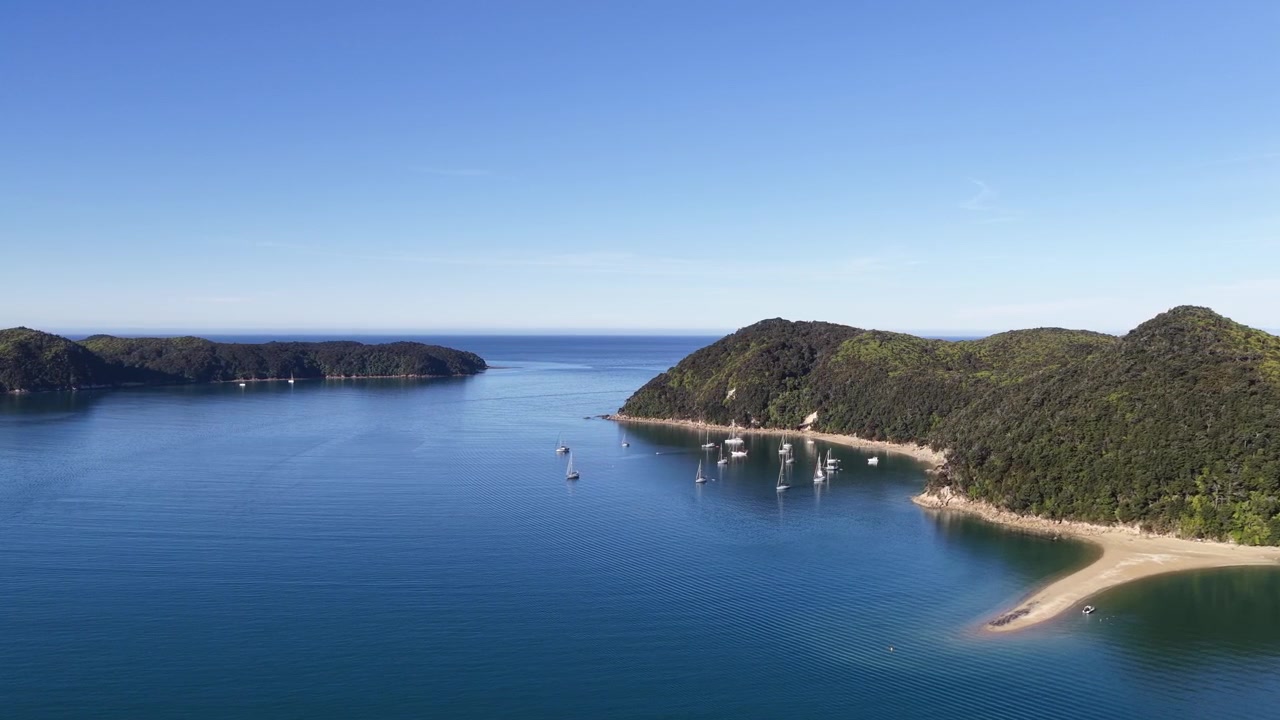 Luftfoto af et fredfyldt kystindløb på New Zealands Sydø. Dybt blåt vand, skovklædte kyster og klar himmel skaber et fredeligt kystlandskab.