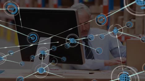 Animation-of-network-connections-with-globe-and-statistics-icons-with-a-businessman-in-background