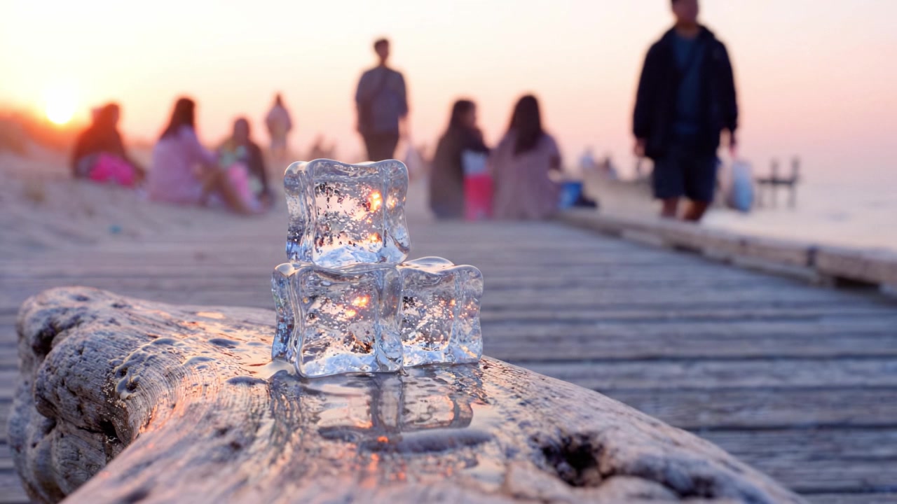 Gün Batımında Eskimiş Bir Kütüğün Üzerinde Duran Üç Parıldayan Buz Küpü, Plaj Toplantısının Tadını Çıkaran Siluet Halindeki Figürlerle Çevrili, Sakin Bir Atmosfer Yaratıyor