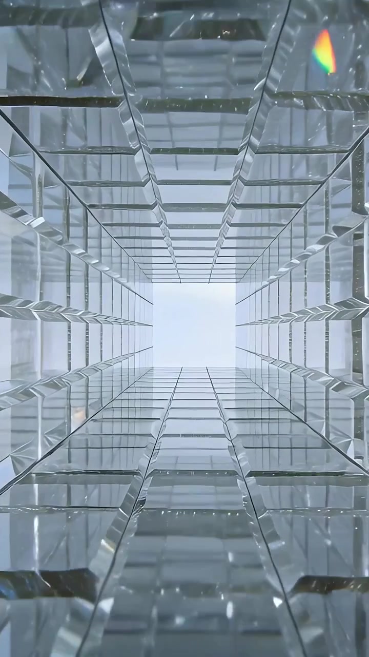 Video verticale: Asta prismatica che si muove verso l'alto in un atrio con luce che entra dall'alto e provoca il movimento.